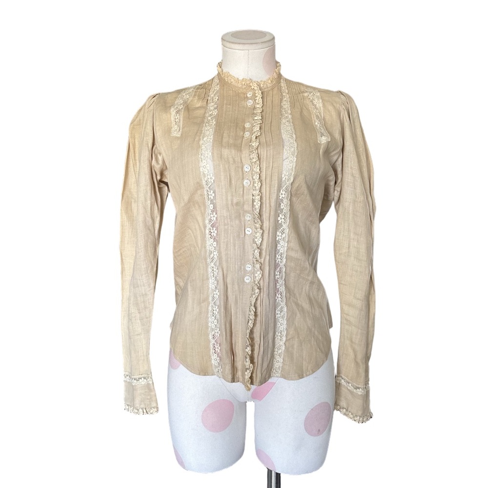 Victorian Prairie Cottagecore Linen Lace Blouse – Beige – S - Picture 2 of 11